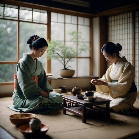 Two Asian women sitting on a mat, one is wearing a kimono