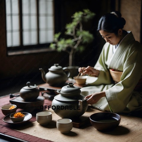 A woman in a kimono pours tea into a bowl