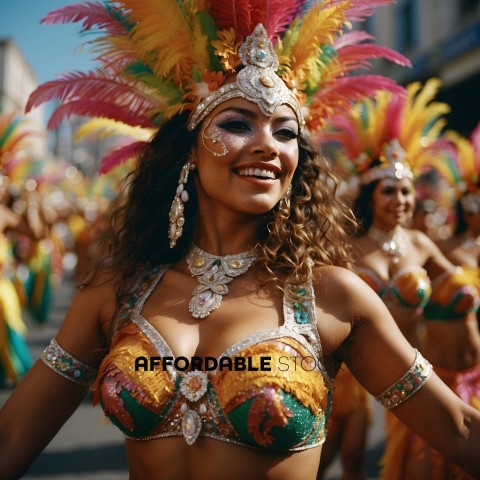 Woman in colorful costume with feathered headpiece