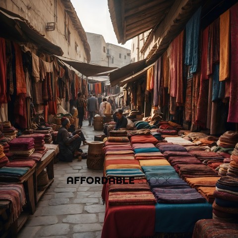 A marketplace with colorful blankets and rugs