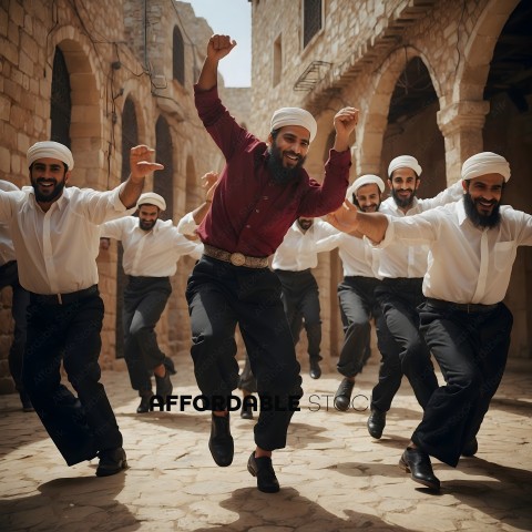 Men in white turbans and black pants running in a courtyard