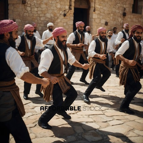 Men in traditional clothing dance in a courtyard