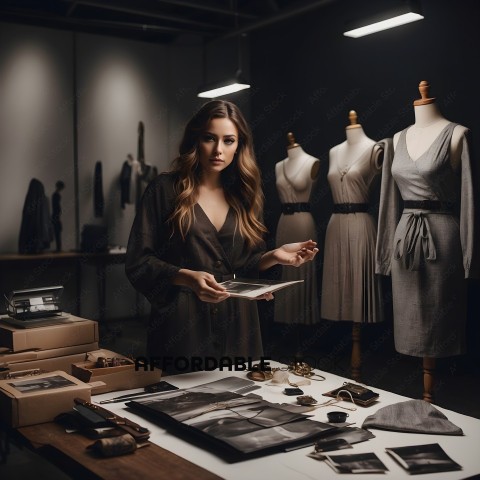 A model in a dark dress holding a photo in a dark room