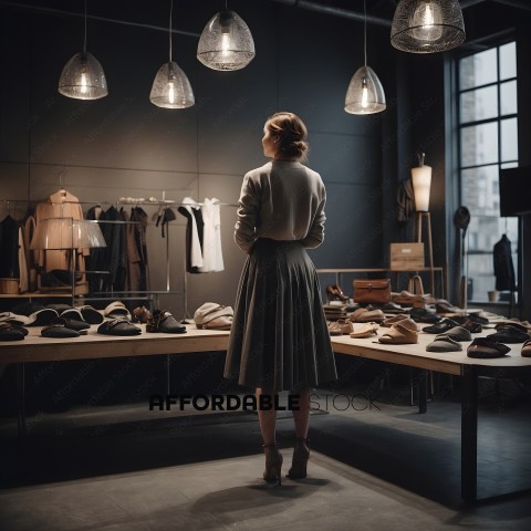 A woman in a hat and skirt standing in a store