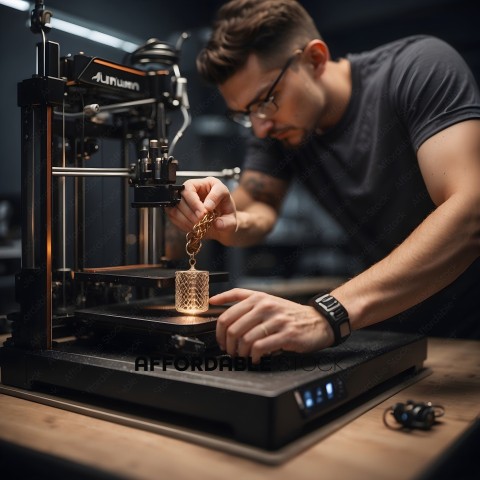 Man wearing glasses and a blue shirt working on a 3D printer