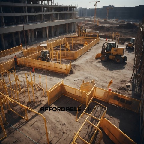 A construction site with yellow fencing and heavy machinery