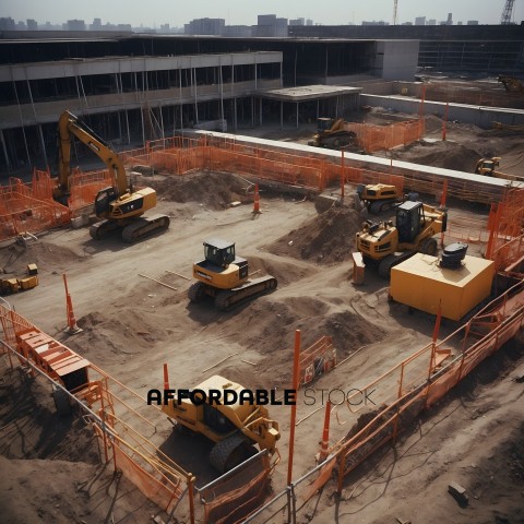 A construction site with many pieces of heavy machinery