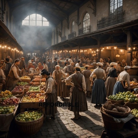 Marketplace with many people shopping for fruits and vegetables