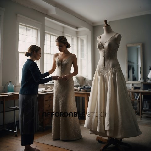 A woman in a white dress is being fitted for a wedding gown