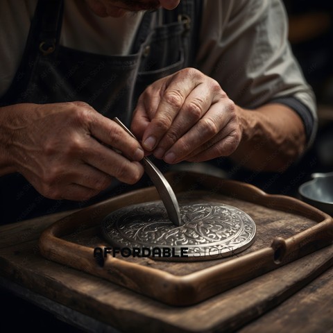 A man working on a metal plate with a tool