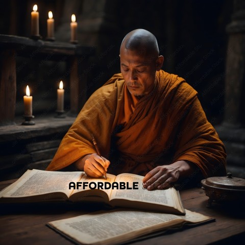 A Buddhist monk writing in a dimly lit room