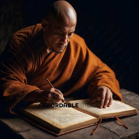 A bald man in a brown robe is writing in a book