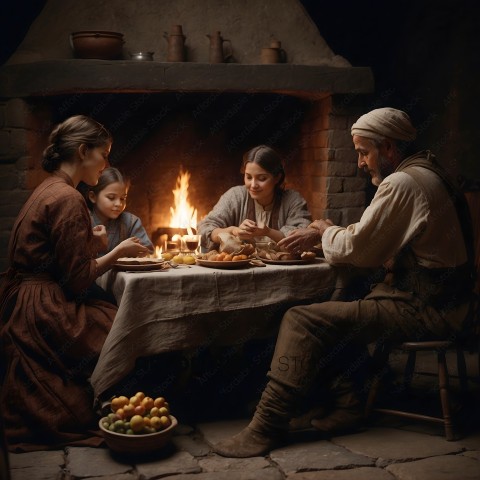 A family of four sitting around a fireplace eating dinner