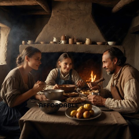 A family of three sitting at a table eating