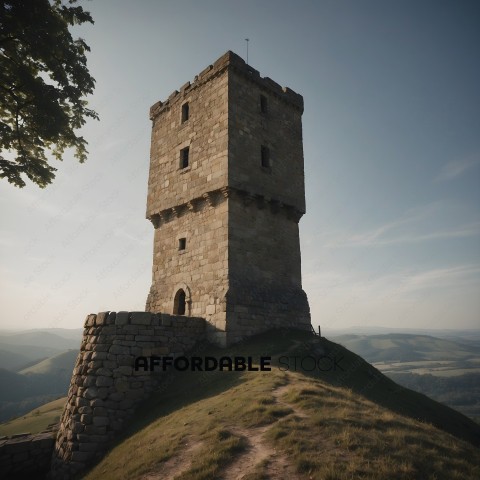 A large stone tower on a hill overlooking a valley