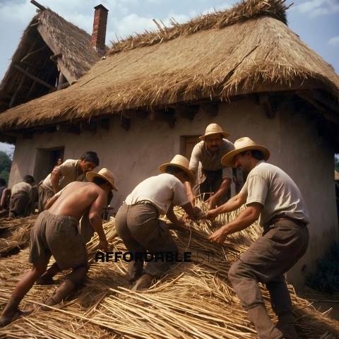 Men working on a roof with straw