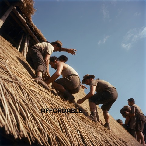 Men working on a roof with straw