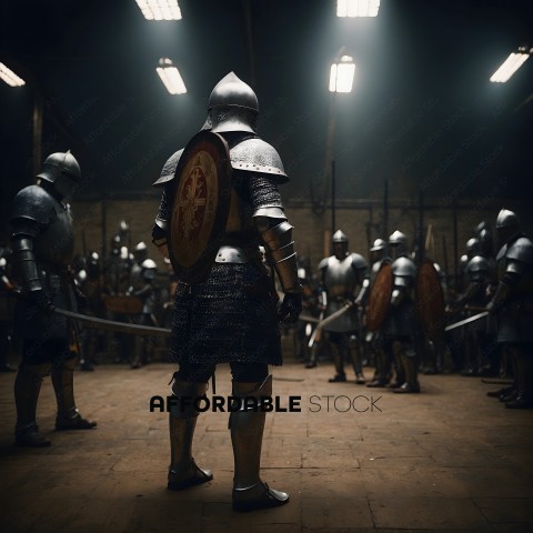 Knight in armor standing in front of other knights