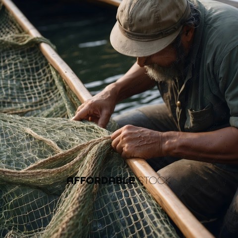 Man wearing a hat, working on a net