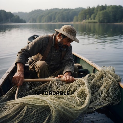 Man in a boat with a fishing net