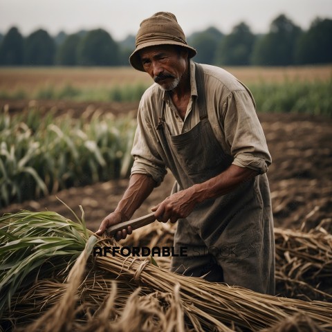 Man in overalls harvesting straw