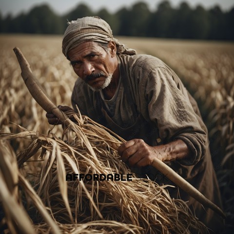 A man in a field with a straw harvest