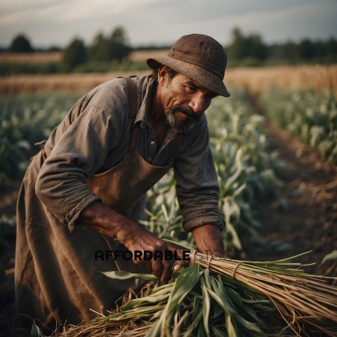 Man in overalls harvesting crops