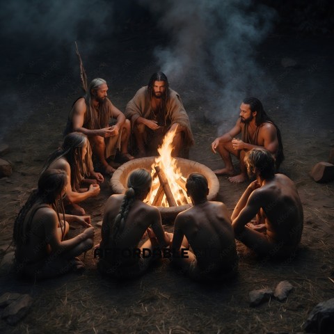 A group of men sit around a fire in the wilderness