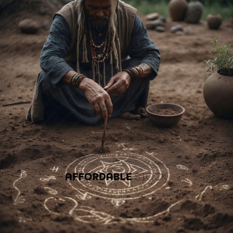 An elderly man is drawing a circle with a stick in the dirt