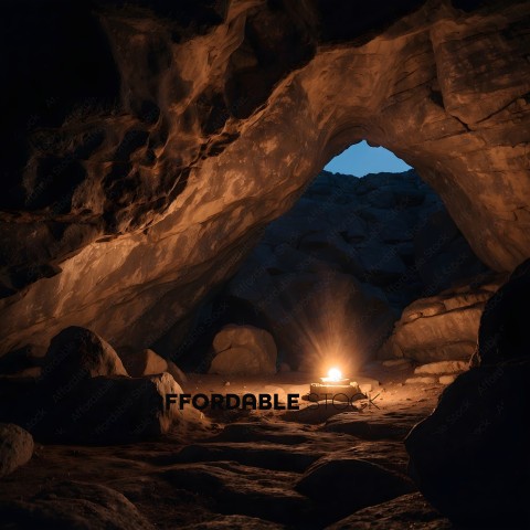 A small light shines through a rock tunnel