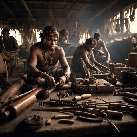 Native American craftsmen working on wooden tools