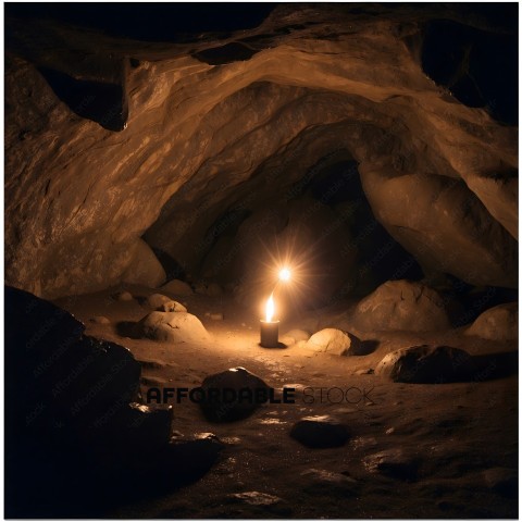 A single light source illuminates a rocky cave