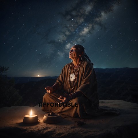 An elderly Native American sitting on a rock at night, looking up at the stars