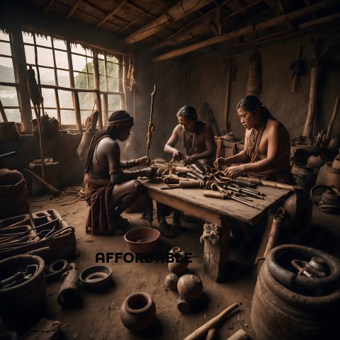 Three Native American men working on a project