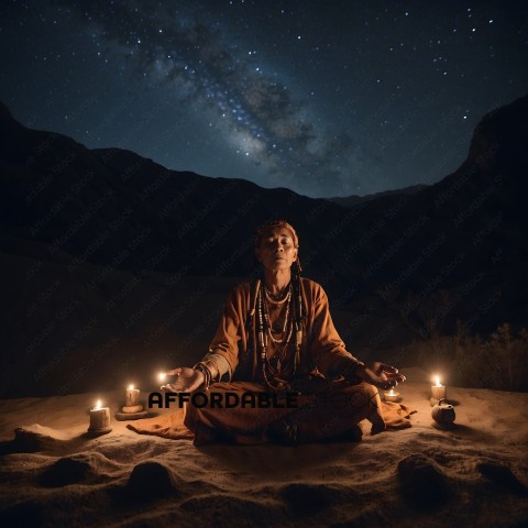 A man in a brown robe sitting in the desert at night with candles