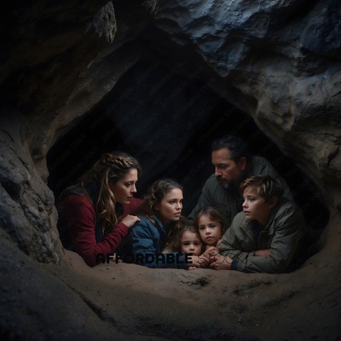 A family of five huddles together in a cave