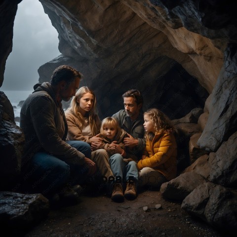 A family of four sitting in a cave