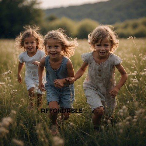 Three little girls running through a field