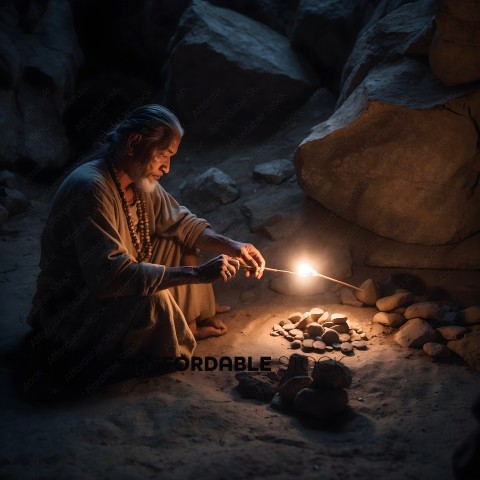 An elderly man sits in the dark, surrounded by rocks, and holds a small flame