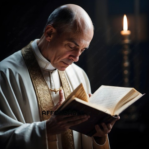 A priest reading a book in a dark room