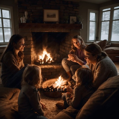 A family of four, including two children, sit in front of a fireplace