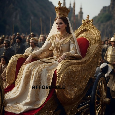 A woman in a gold crown sits on a golden carriage