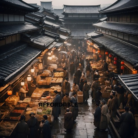 People shopping in an Asian market at night