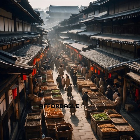 People walking through an Asian market