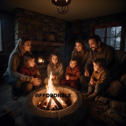 A family of 7 sitting around a fireplace