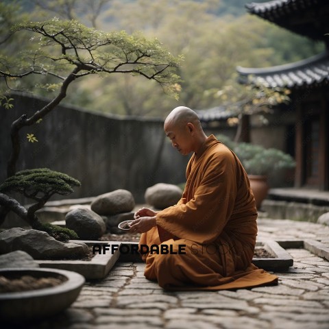 A Buddhist monk sitting on the ground in a garden
