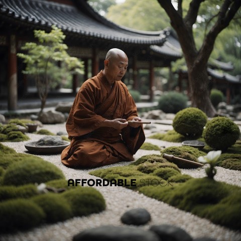 A Buddhist monk meditating in a garden