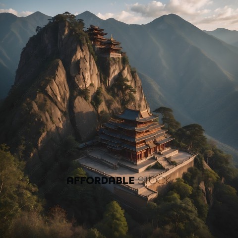 A mountain with a large building on top