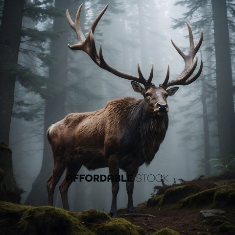 A deer with a large set of antlers standing in the woods