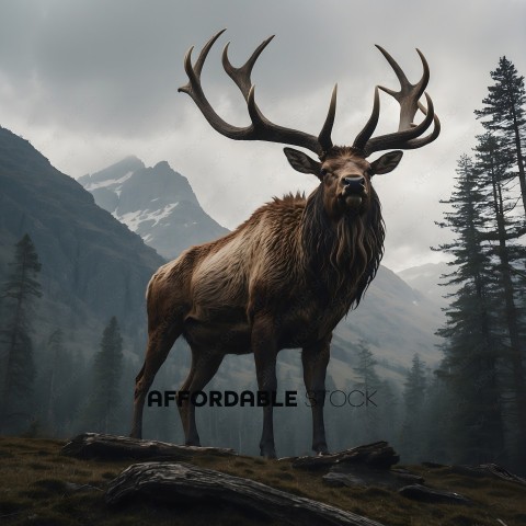 A large, wild animal with long horns stands on a rocky hillside